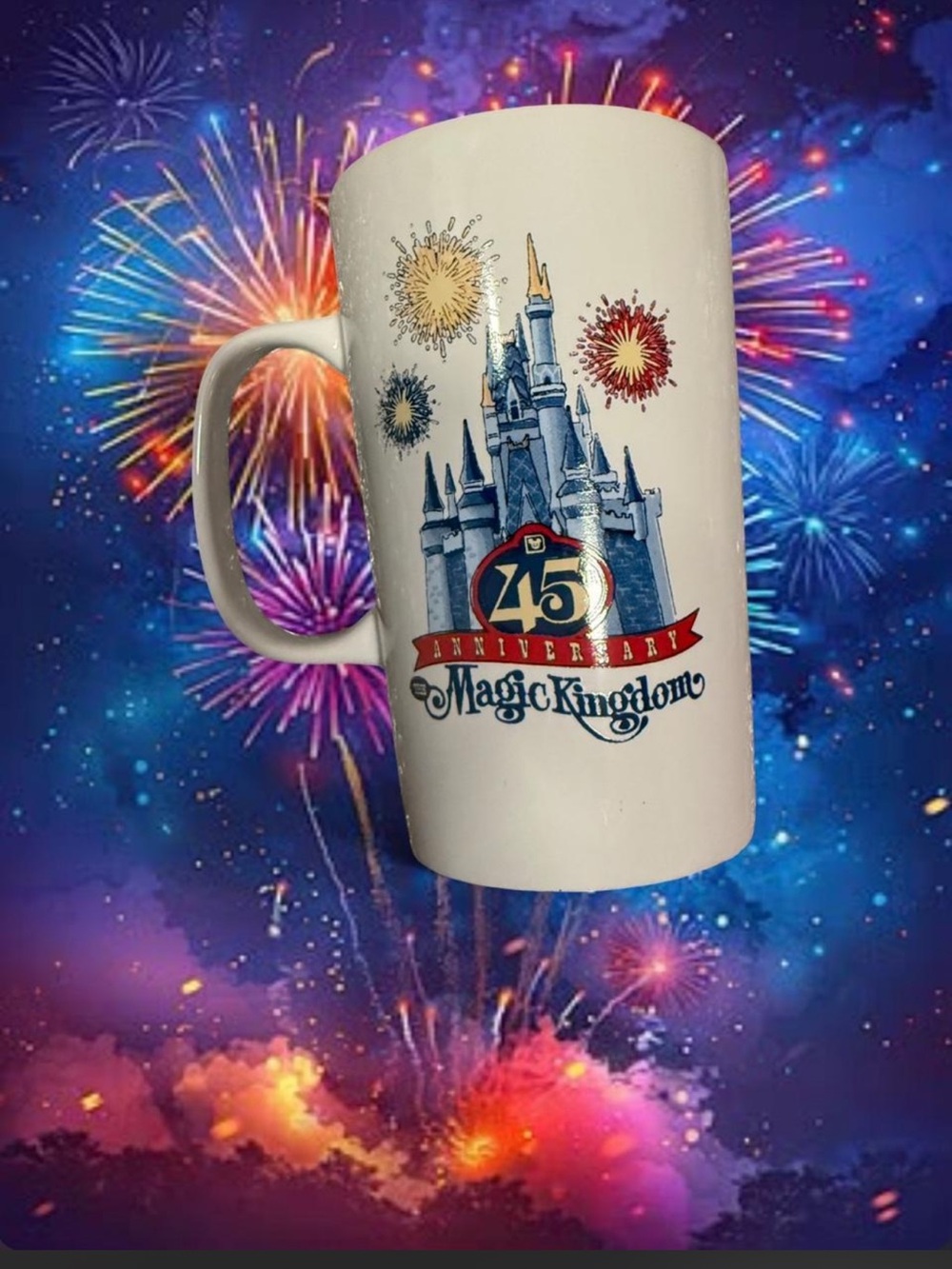 Disney White Magic Kingdom 45th Anniversary Castle Mug with Colorful Fireworks